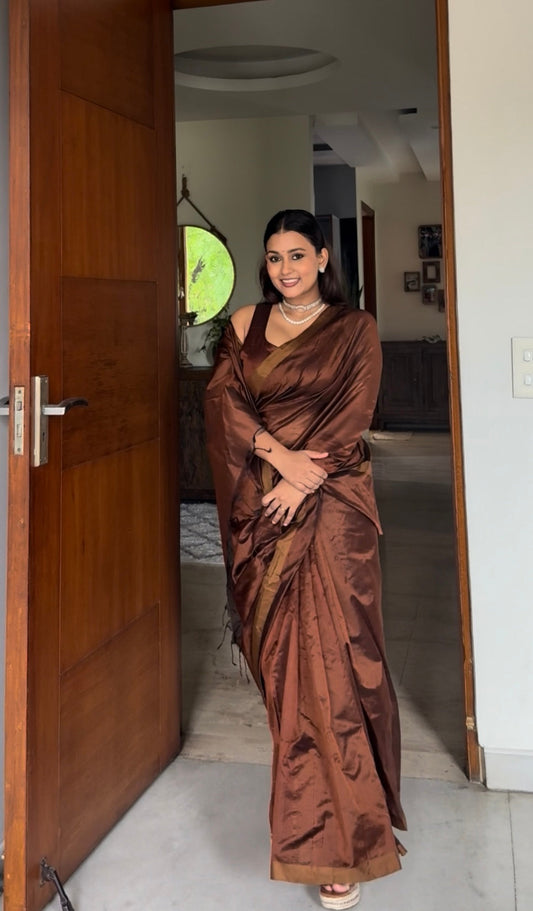 Cinnamon brown chanderi silk saree with silk border