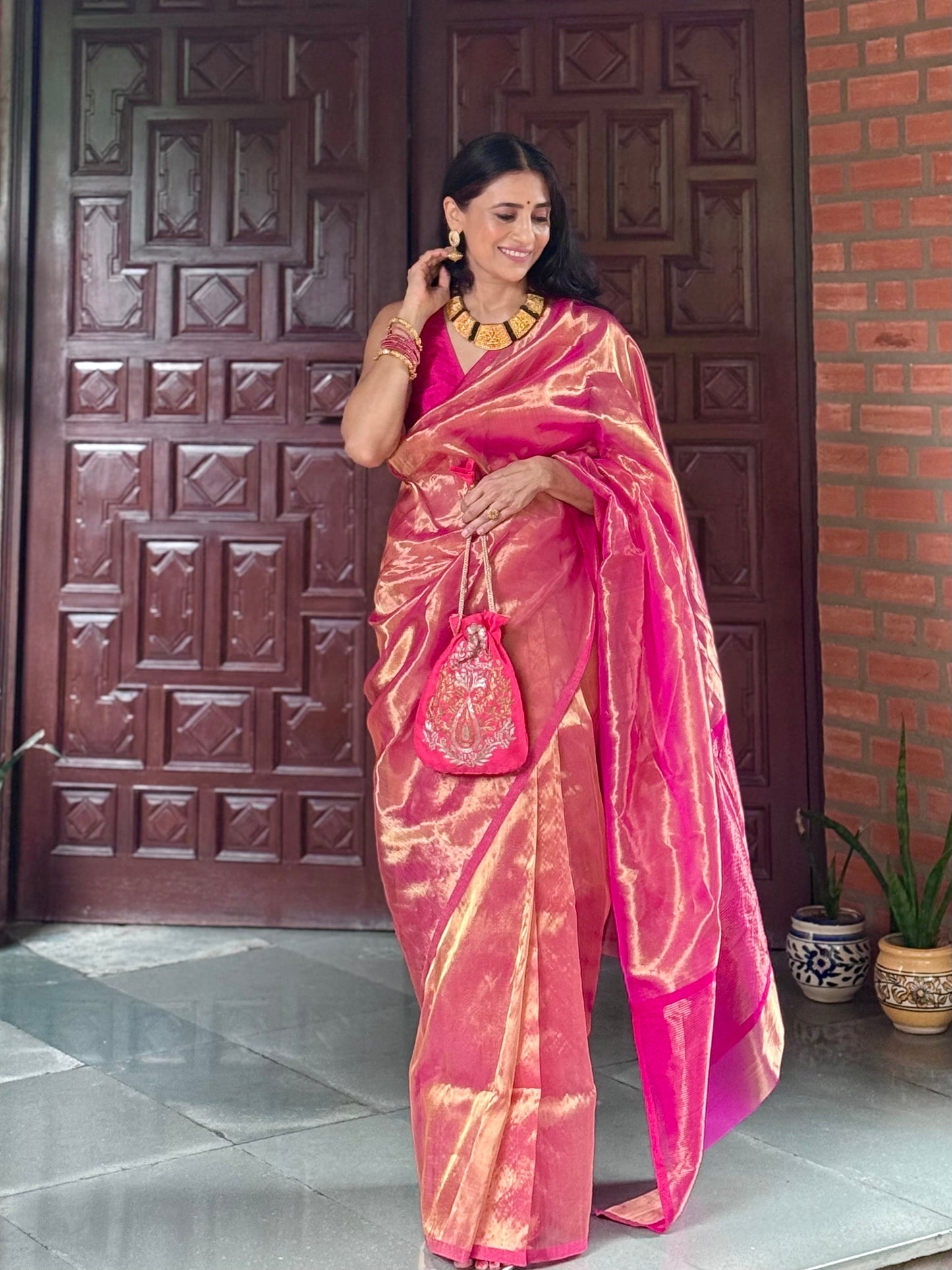 Pink and gold chanderi tissue silk saree