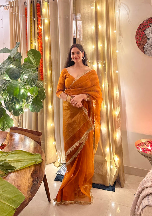 Burnt Orange Chanderi Silk Saree with Zari Bootis all over