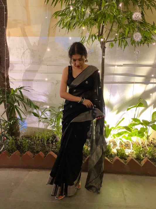Black Maheshwari Saree with Flower Motifs all over