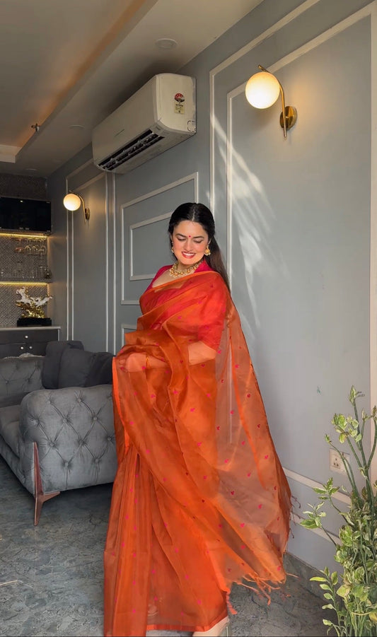 Burnt orange and pink Chanderi silk saree with resham bootis all over