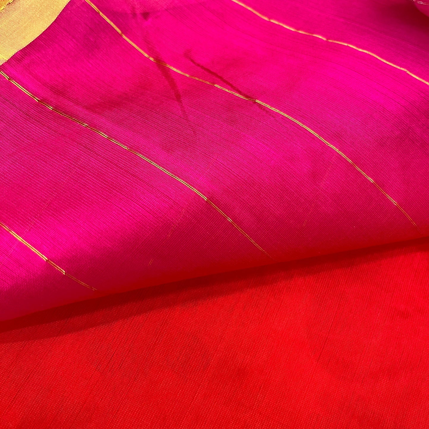 Chili Red and pink Chanderi silk saree with tassels on pallu