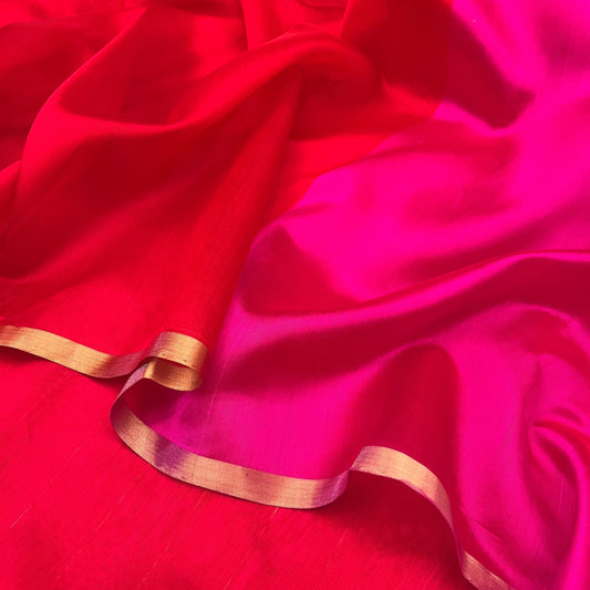 Chili Red and pink Chanderi silk saree with tassels on pallu