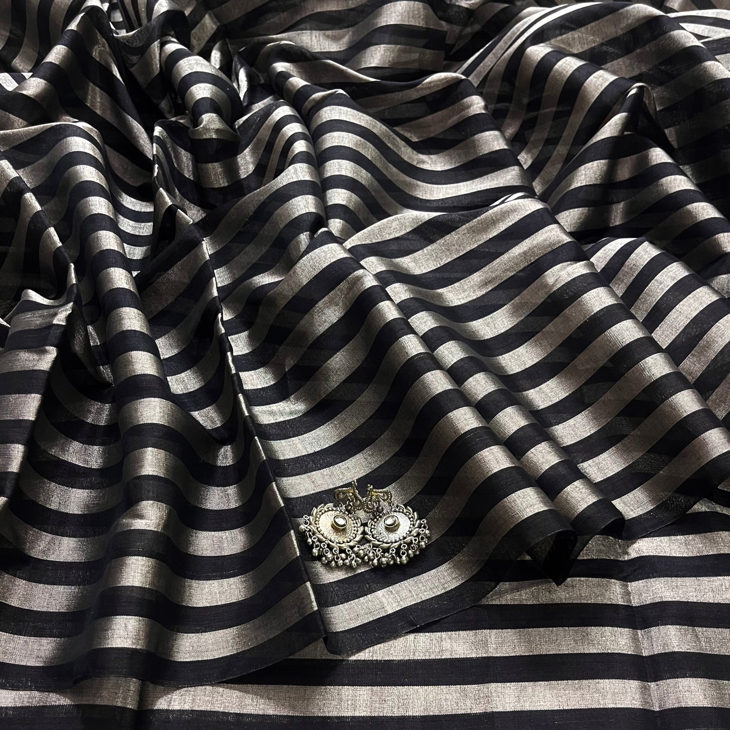 Black and silver striped chanderi tissue silk saree