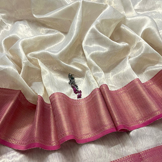 Champagne gold and pink maheshwari tissue silk saree