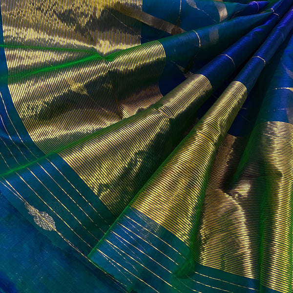 Peacock Blue & Green Dual Tone Chanderi Organza Silk Saree with Jhumka Motifs all over