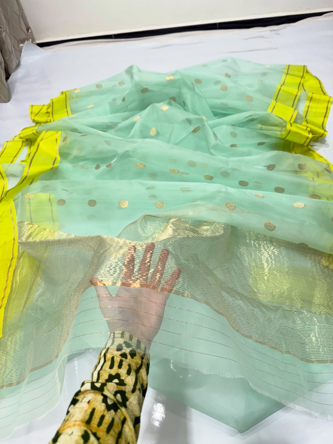 Mint green Chanderi organza (katan) silk saree it comes transparent shine