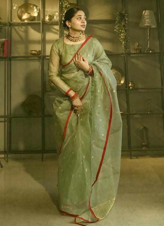 Olive gold &red Chanderi silk saree with zari bootis all over