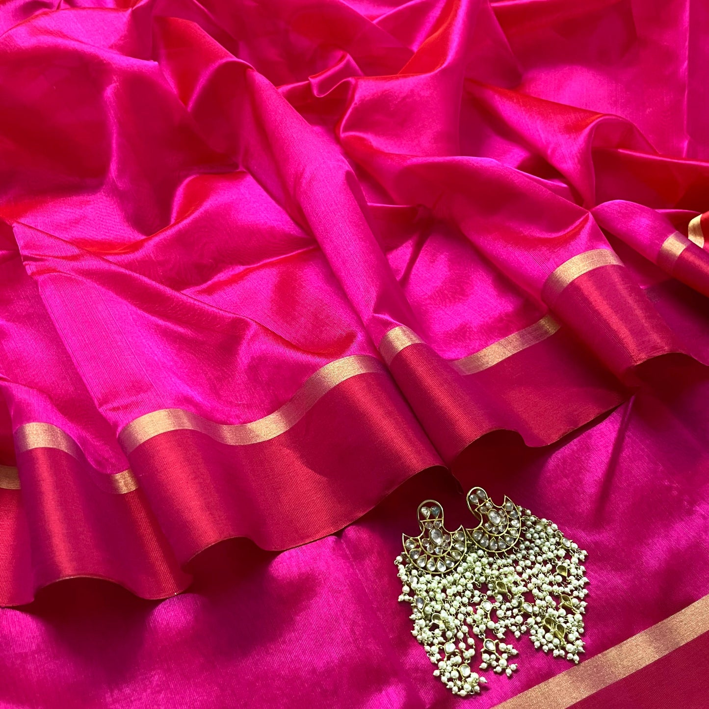 Pink and red Chanderi silk saree with silk border