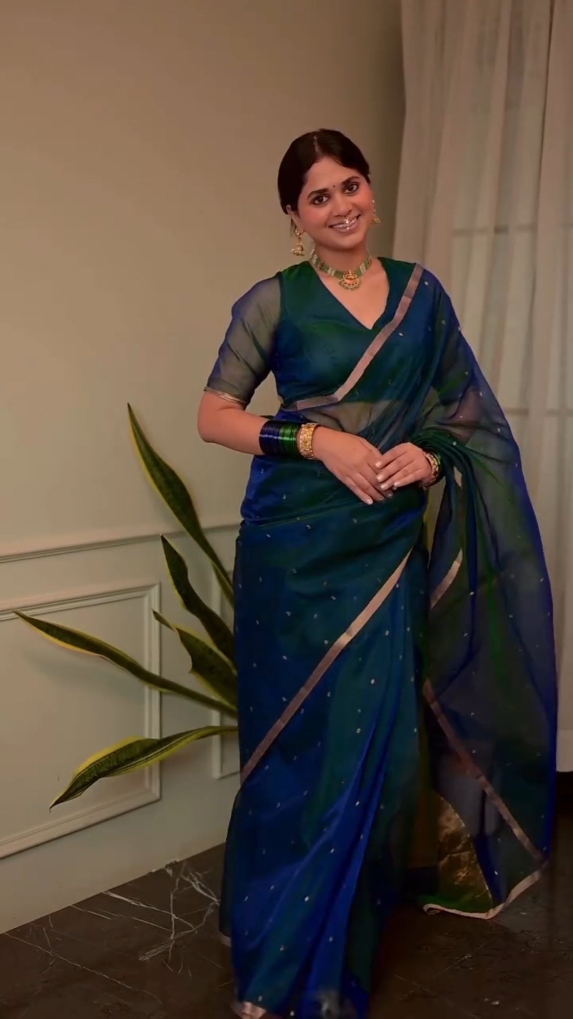 Peacock Blue & Green Dual Tone Chanderi Organza Silk Saree with Zari Bootis all over