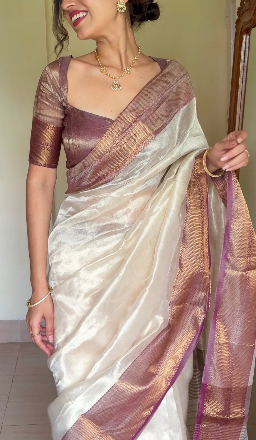 Cream & Violet Maheshwari tissue silk saree with antique gold zari border