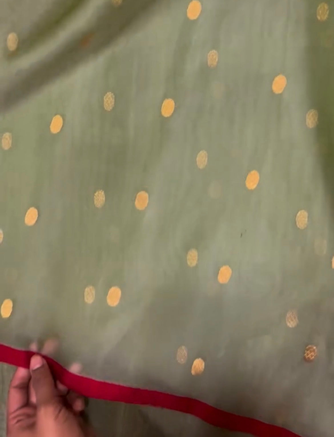 Olive gold &red Chanderi silk saree with zari bootis all over