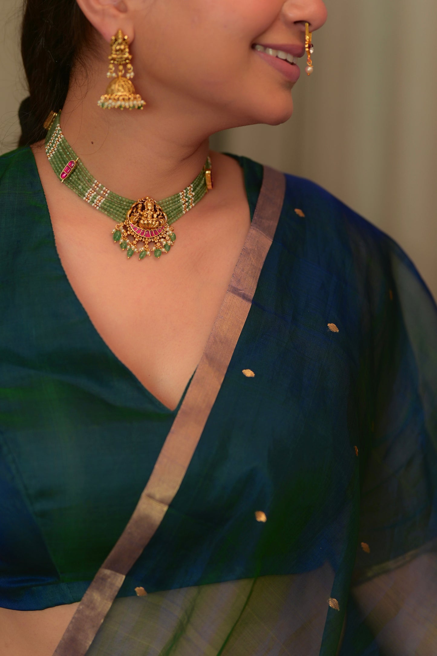 Peacock Blue & Green Dual Tone Chanderi Organza Silk Saree with Zari Bootis all over