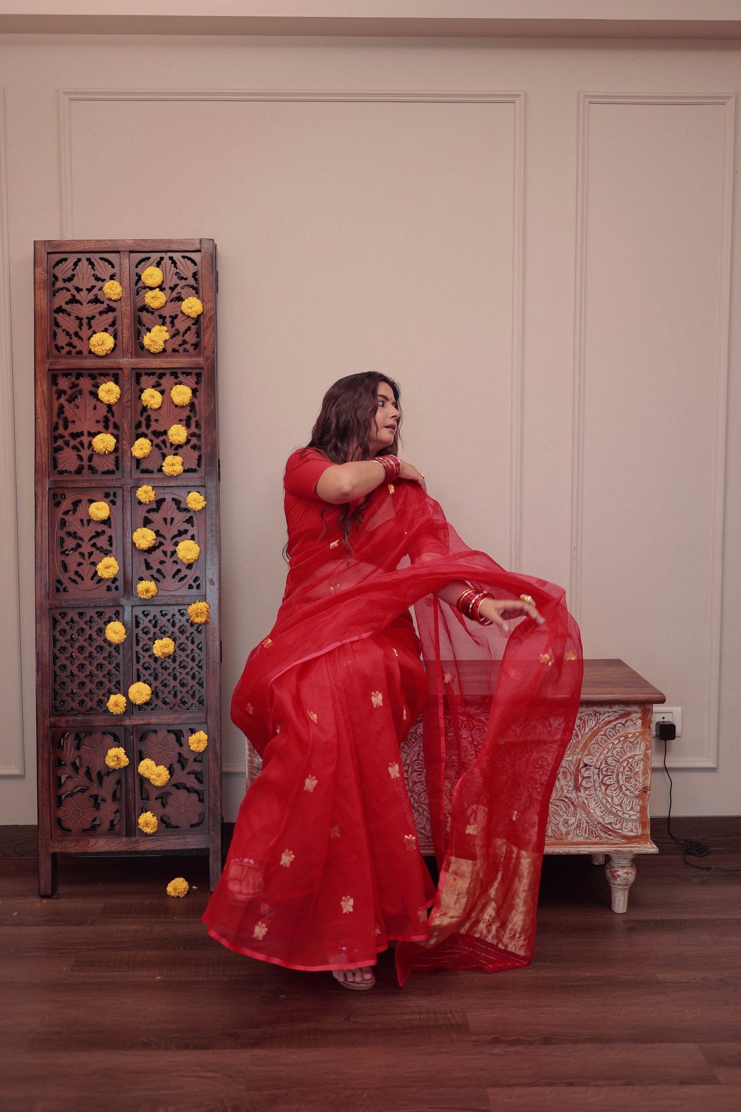 Red chanderi organza silk saree with butterfly motifs all over