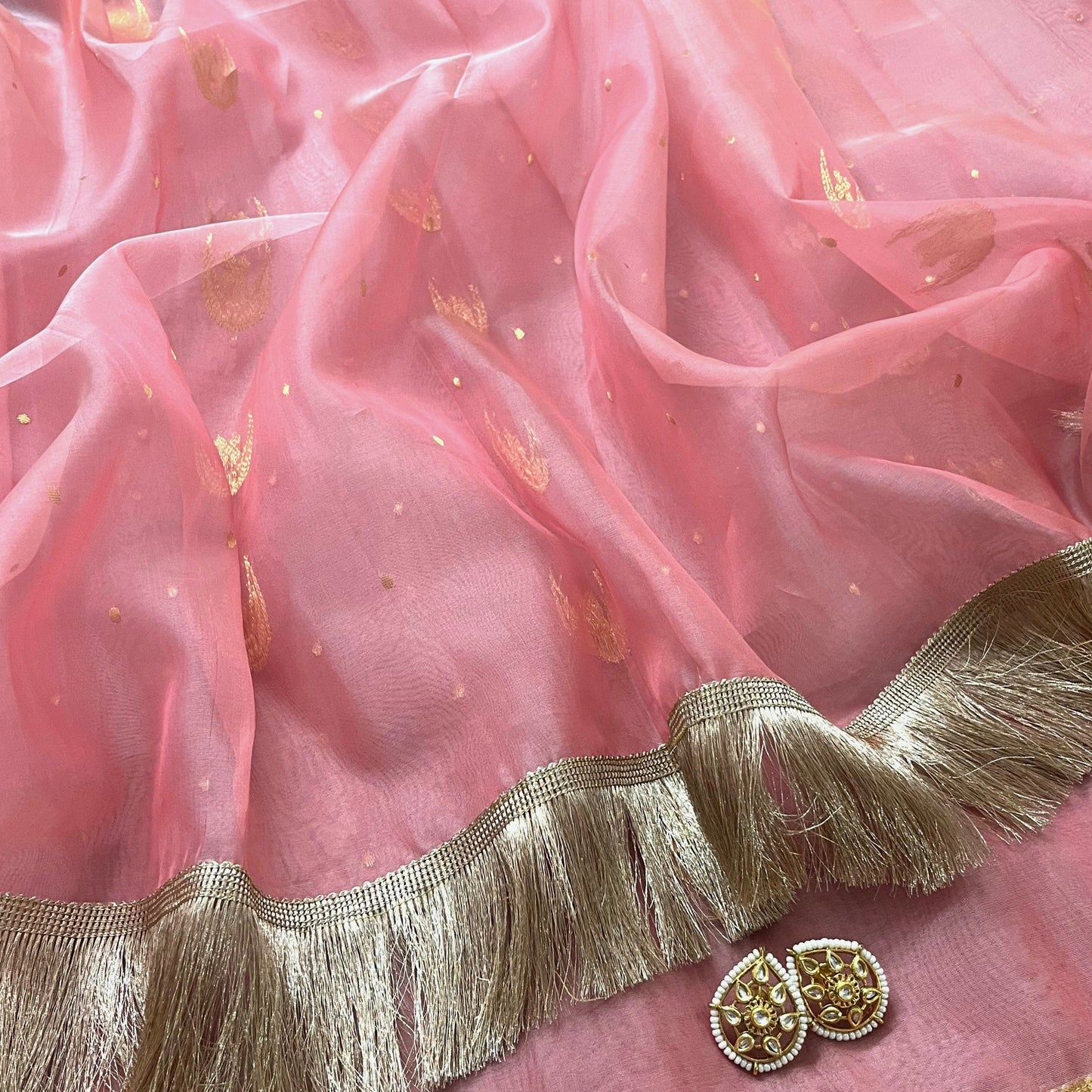 Ballet Pink chanderi silk saree with zari bootis and chaand bootis all over