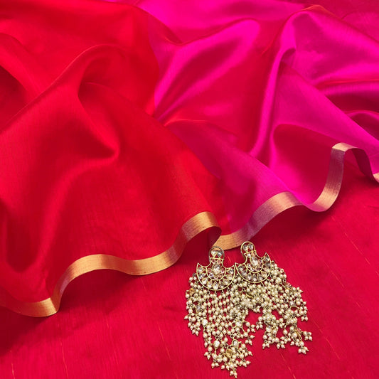 Chili Red and pink Chanderi silk saree with tassels on pallu
