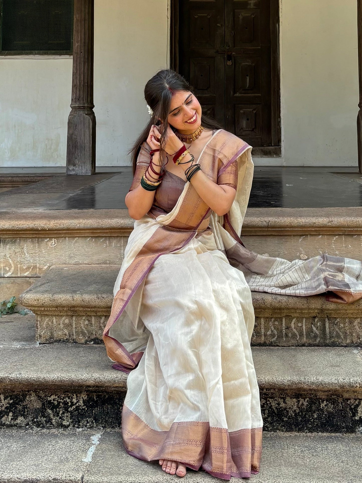 Cream & Violet Maheshwari tissue silk saree with antique gold zari border