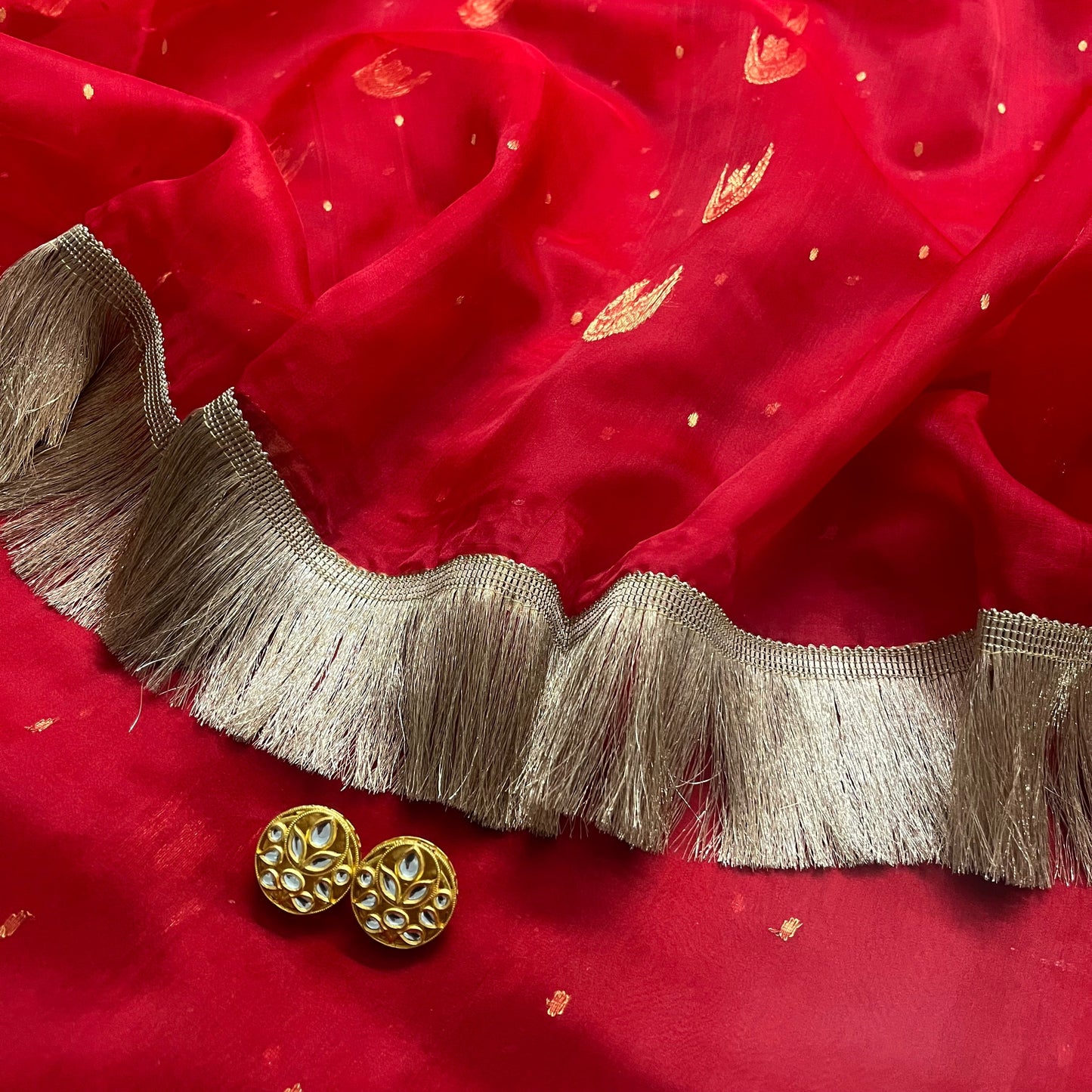 Red Chanderi saree with zari bootis and chaand bootis all over
