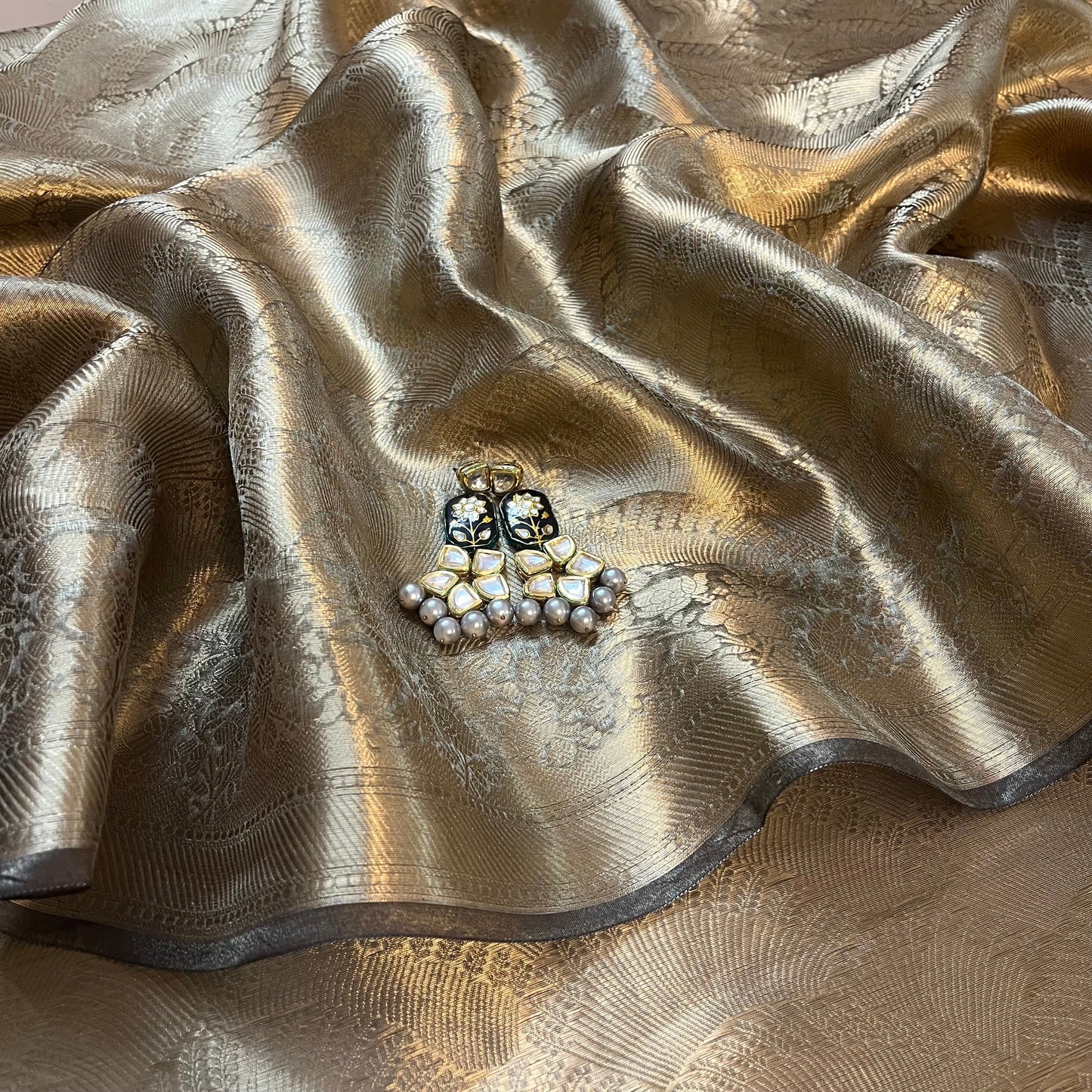 Antique gold Banarasi brocade silk saree with zari pattern all over