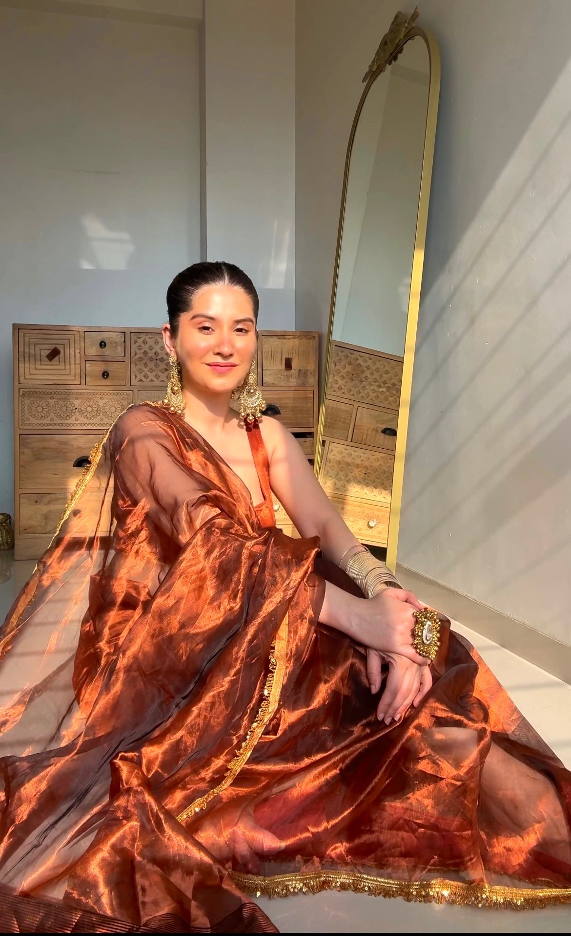 Molten Copper chanderi tissue silk saree with kiran border