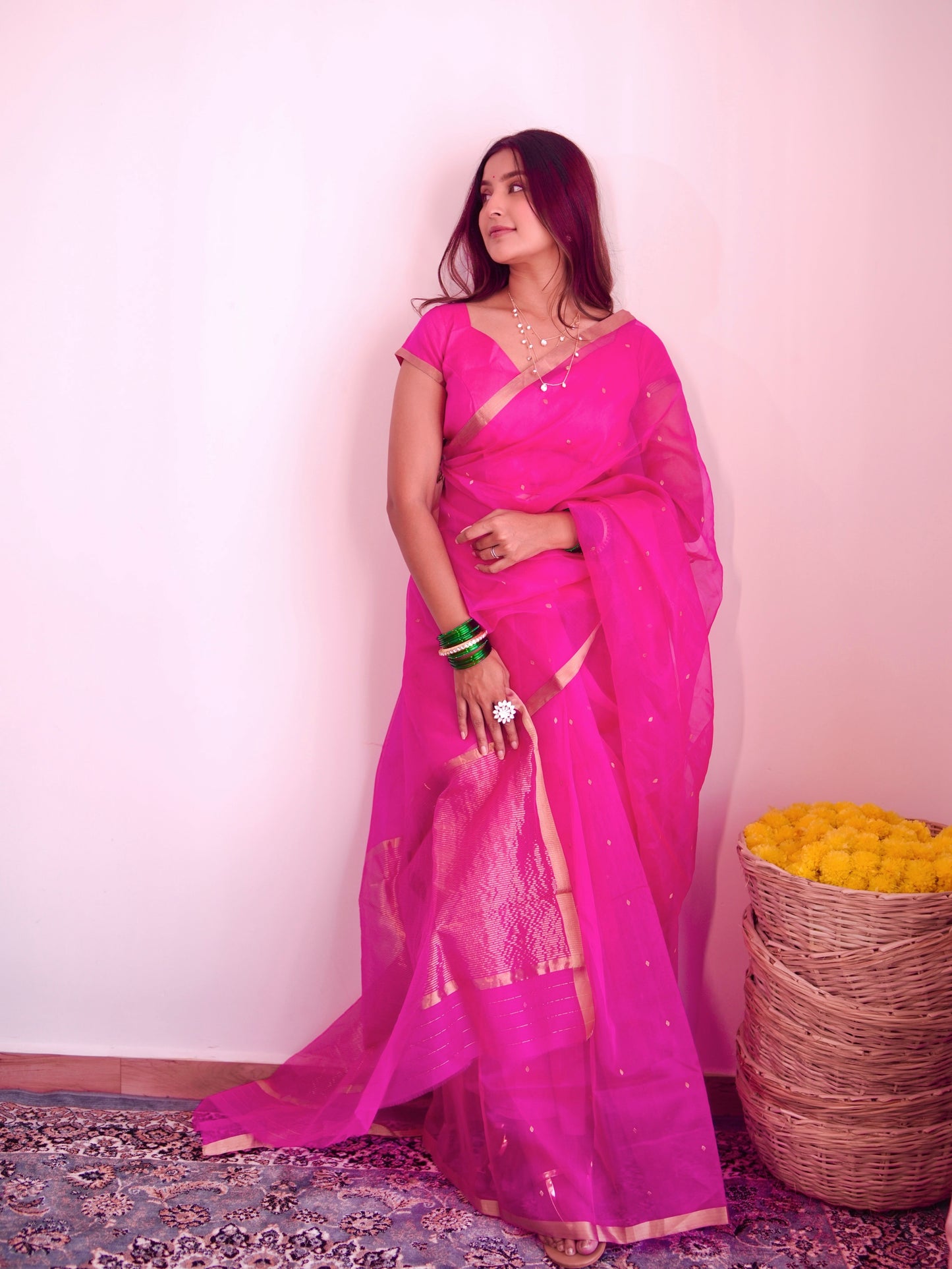Fuschia pink Chanderi silk saree with zari bootis all over
