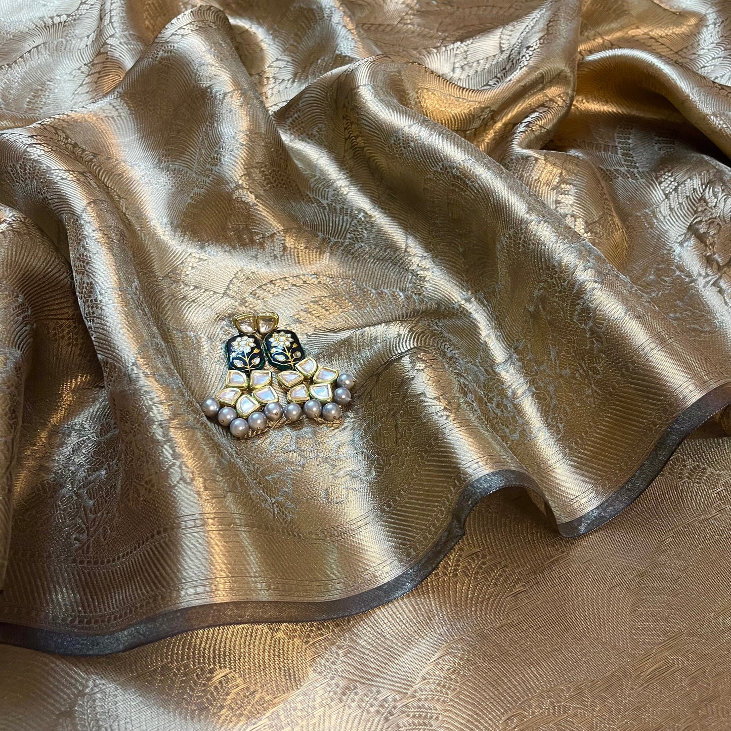 Antique gold Banarasi brocade silk saree with zari pattern all over