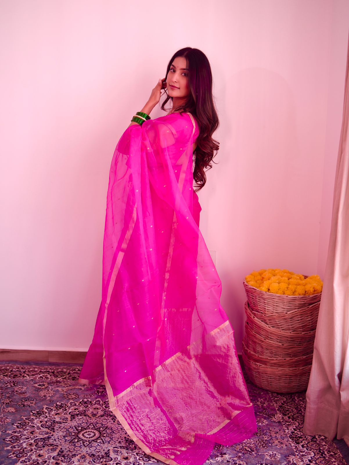 Fuschia pink Chanderi silk saree with zari bootis all over