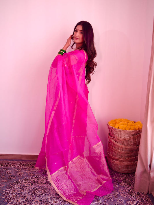Fuschia pink Chanderi silk saree with zari bootis all over