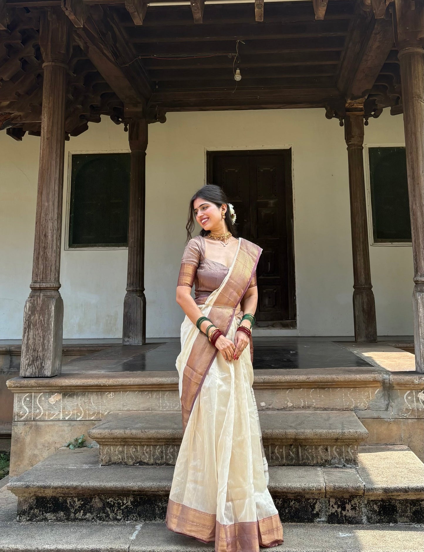 Cream & Violet Maheshwari tissue silk saree with antique gold zari border