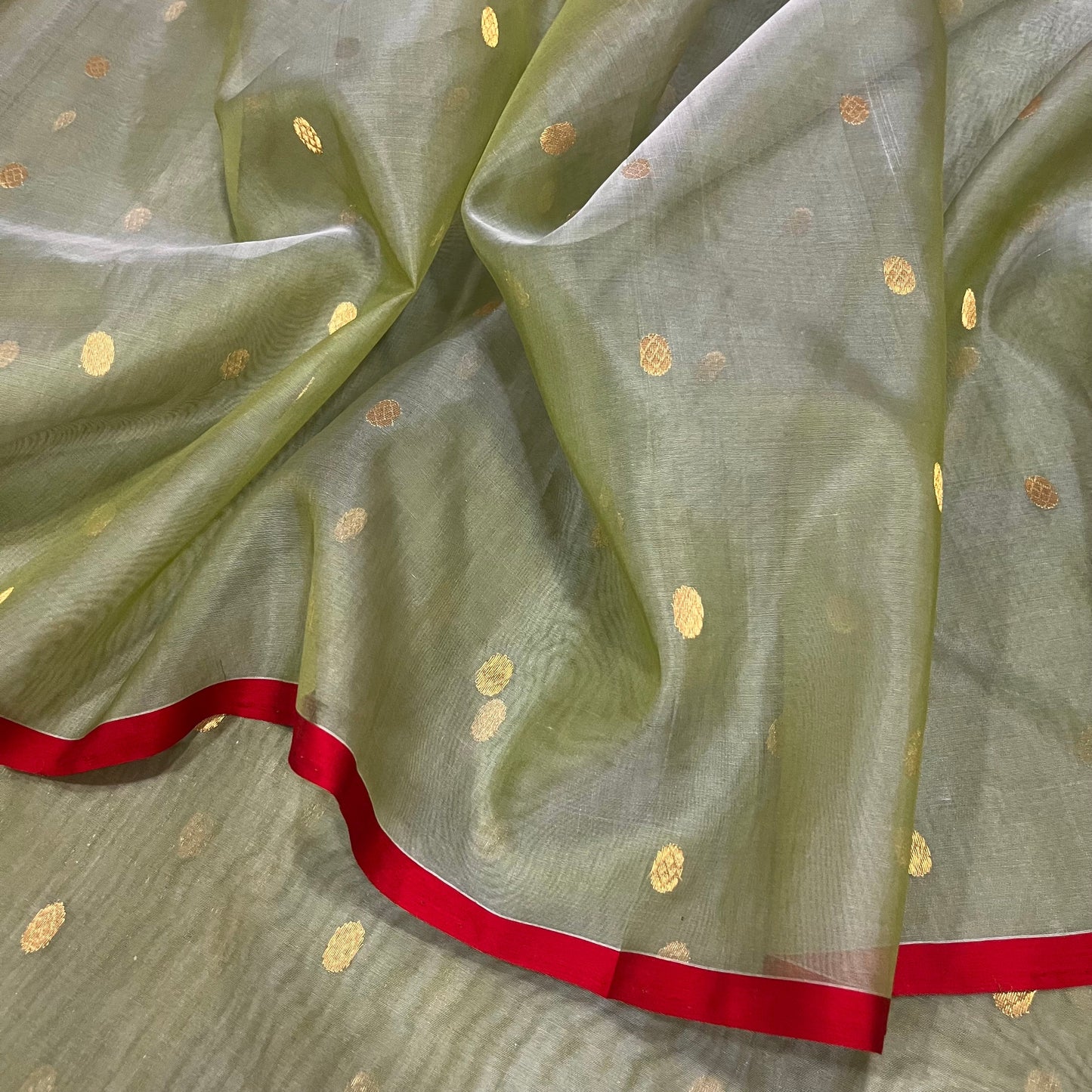 Olive gold &red Chanderi silk saree with zari bootis all over