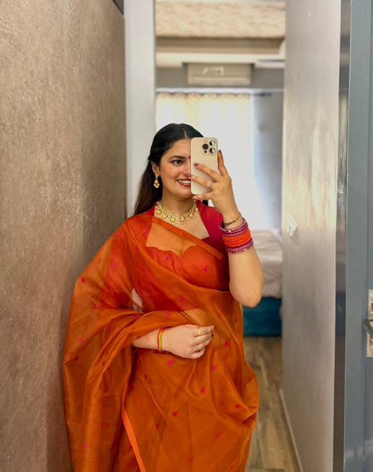 Burnt orange and pink Chanderi silk saree with resham bootis all over
