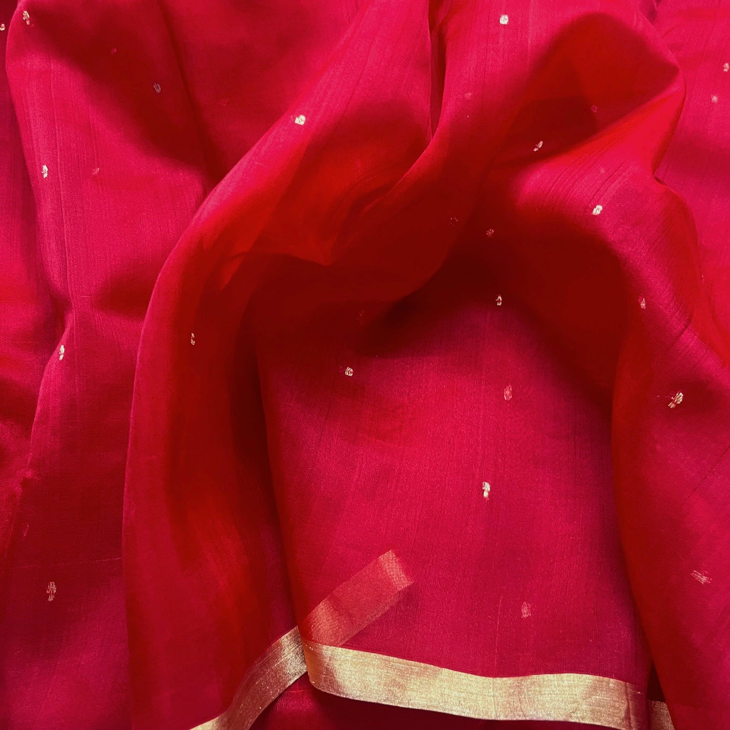 Deep red chanderi organza silk saree with zari bootis all over