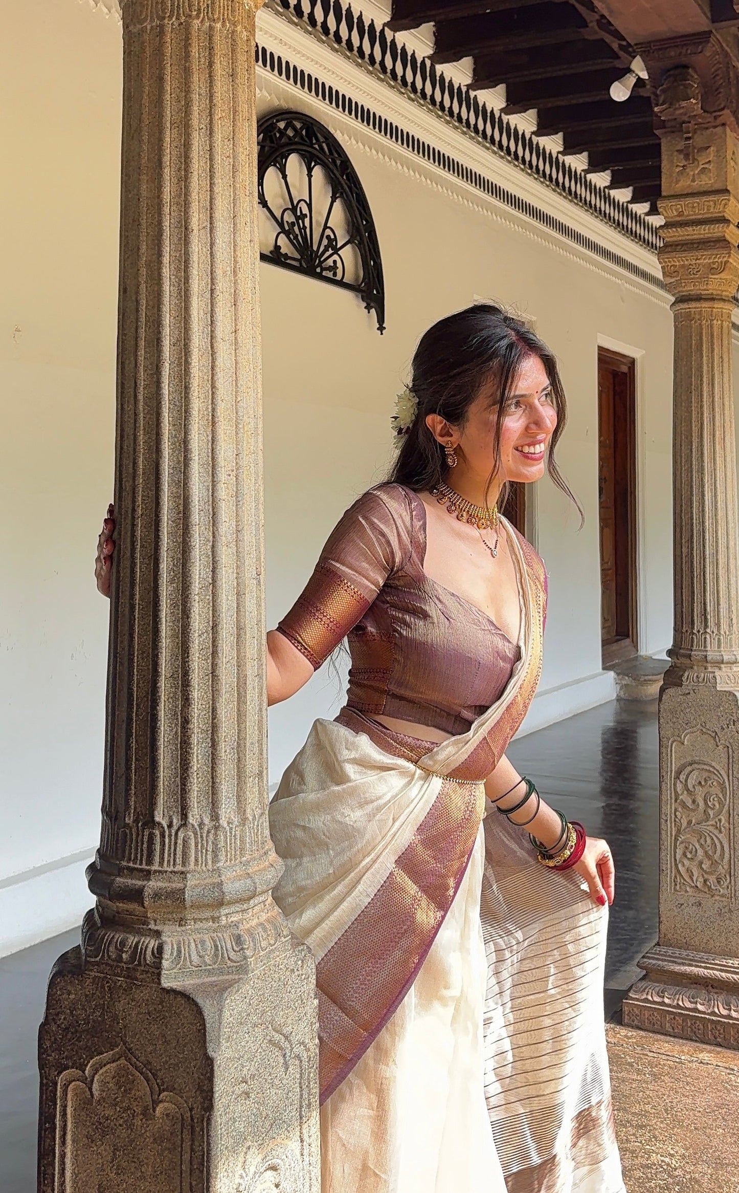 Cream & Violet Maheshwari tissue silk saree with antique gold zari border