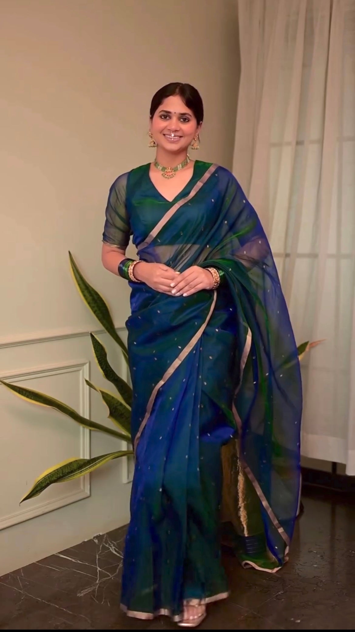 Peacock Blue & Green Dual Tone Chanderi Organza Silk Saree with Zari Bootis all over