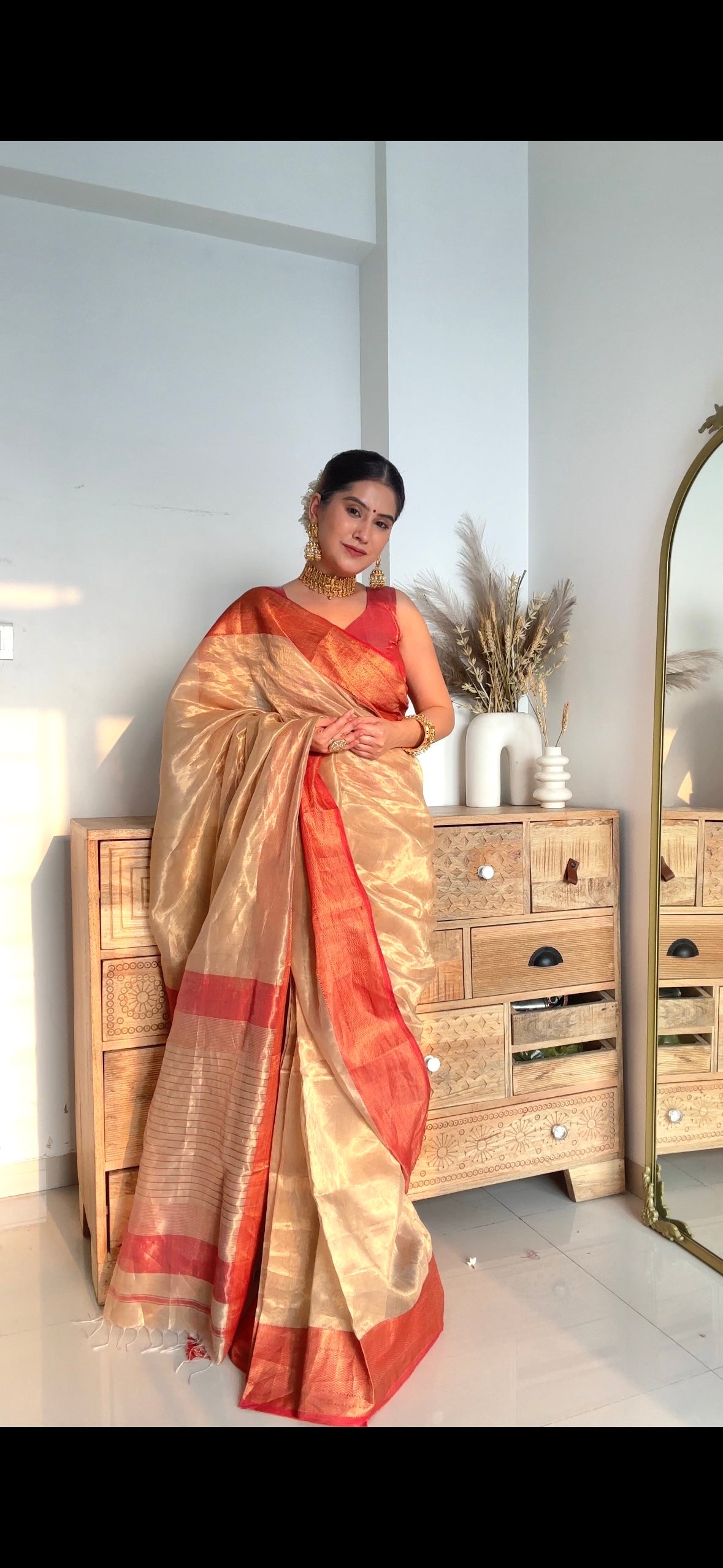 Gold & red maheshwari tissue silk saree with zari border