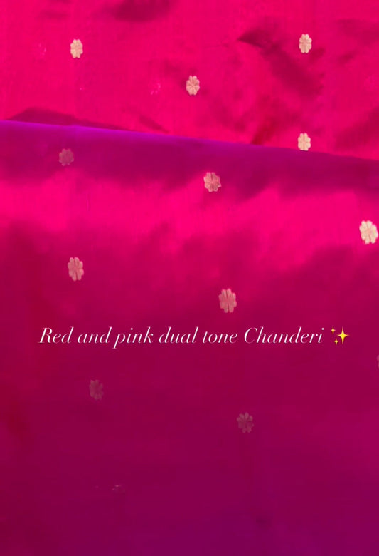 Red and pink dual tone Chanderi silk saree with flower bootis all over
