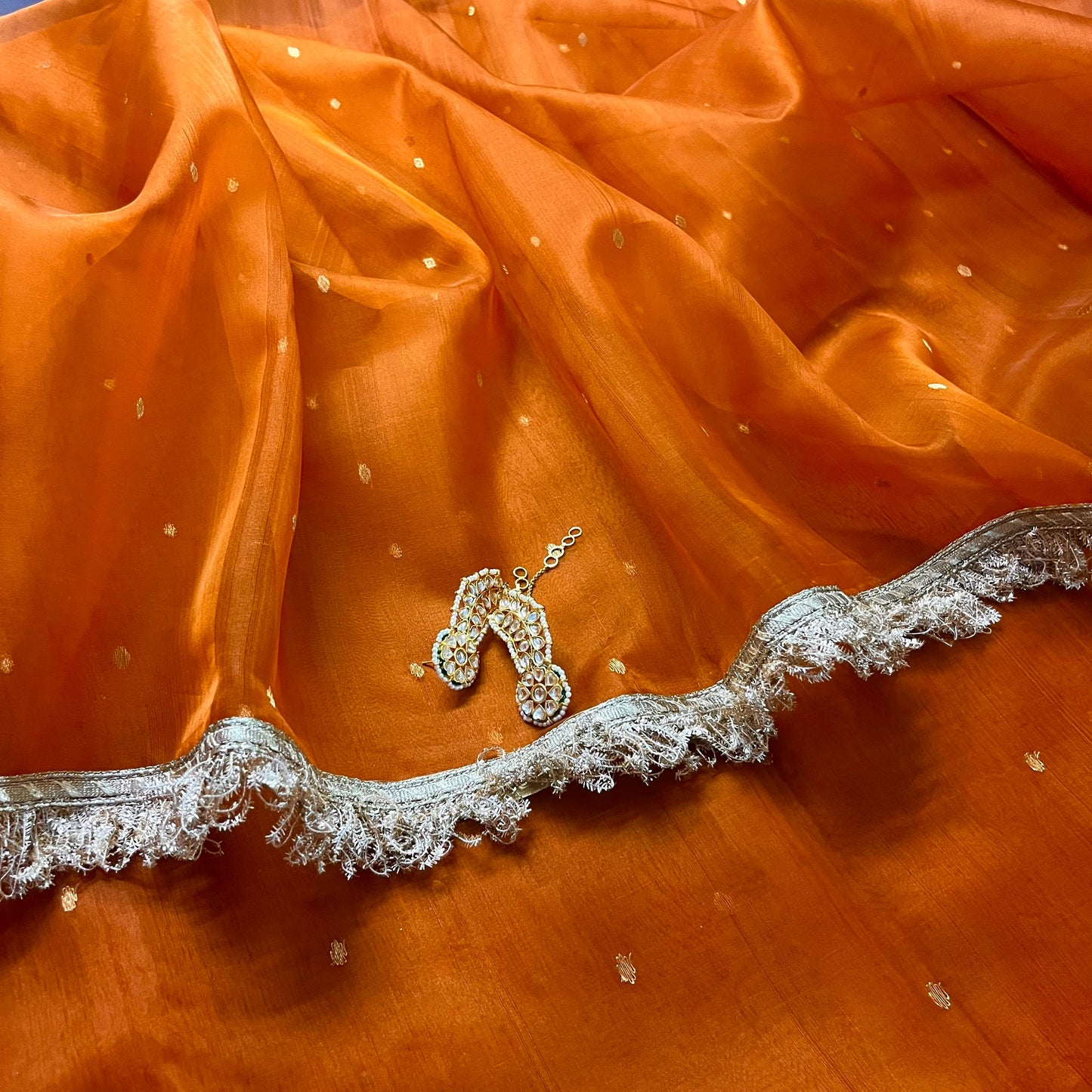 Burnt Orange Chanderi Silk Saree with Zari Bootis all over