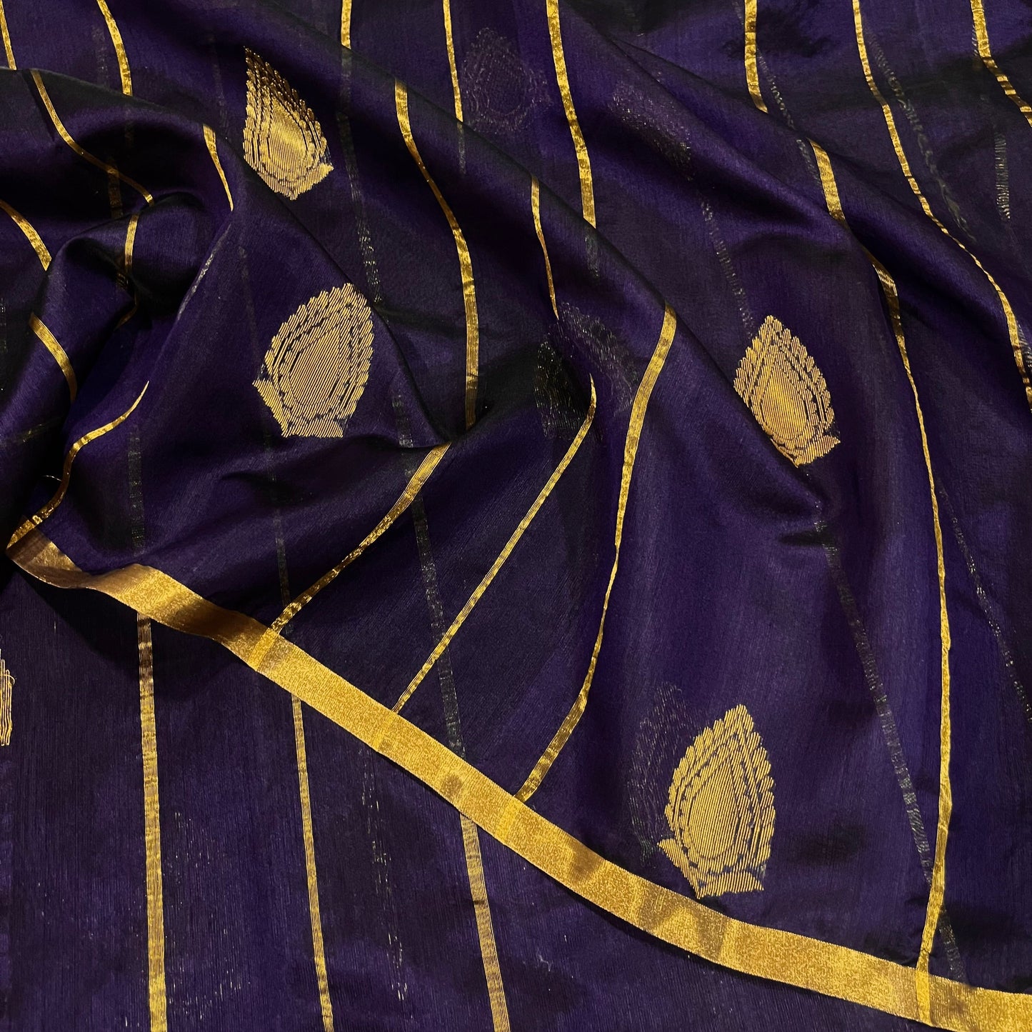 Midnight blue Chanderi silk saree with zari motifs all over