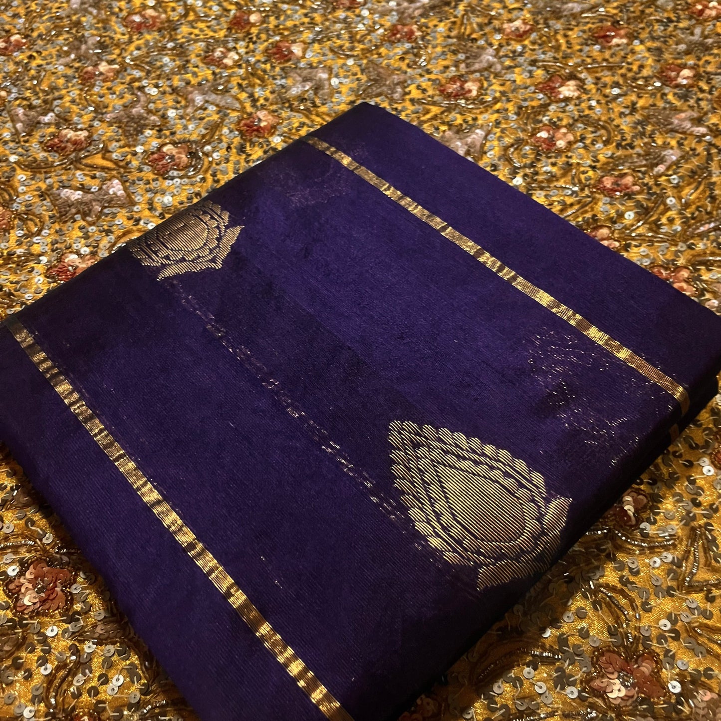 Midnight blue Chanderi silk saree with zari motifs all over