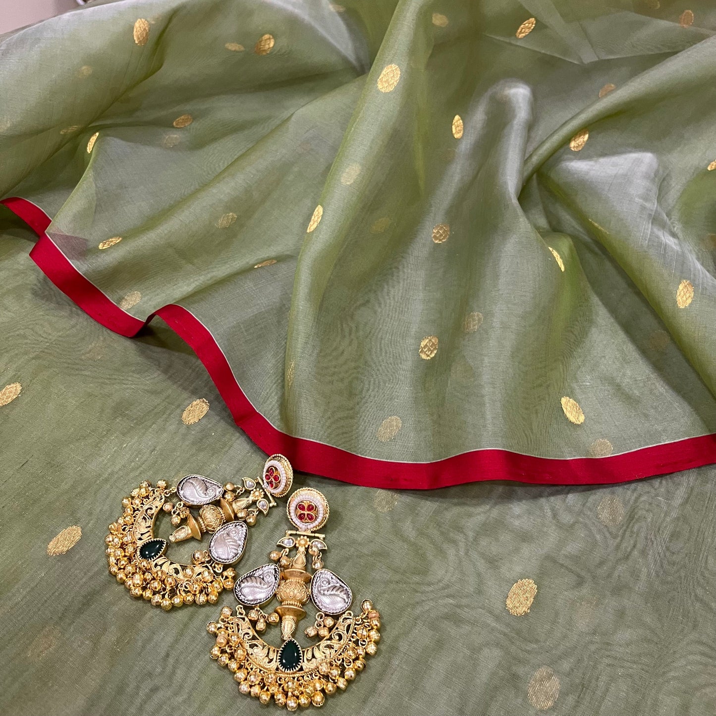 Olive gold &red Chanderi silk saree with zari bootis all over