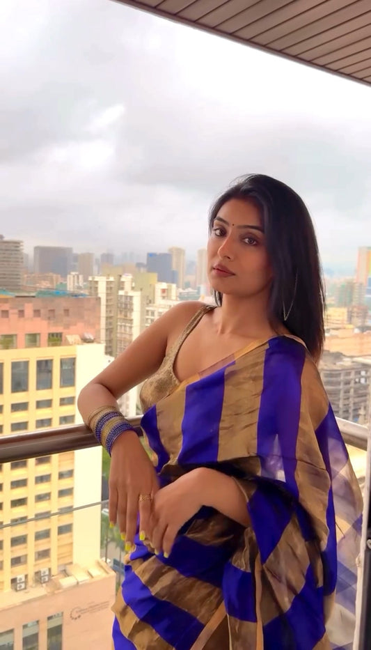 Dark purplish blue Chanderi silk saree with zari stripes