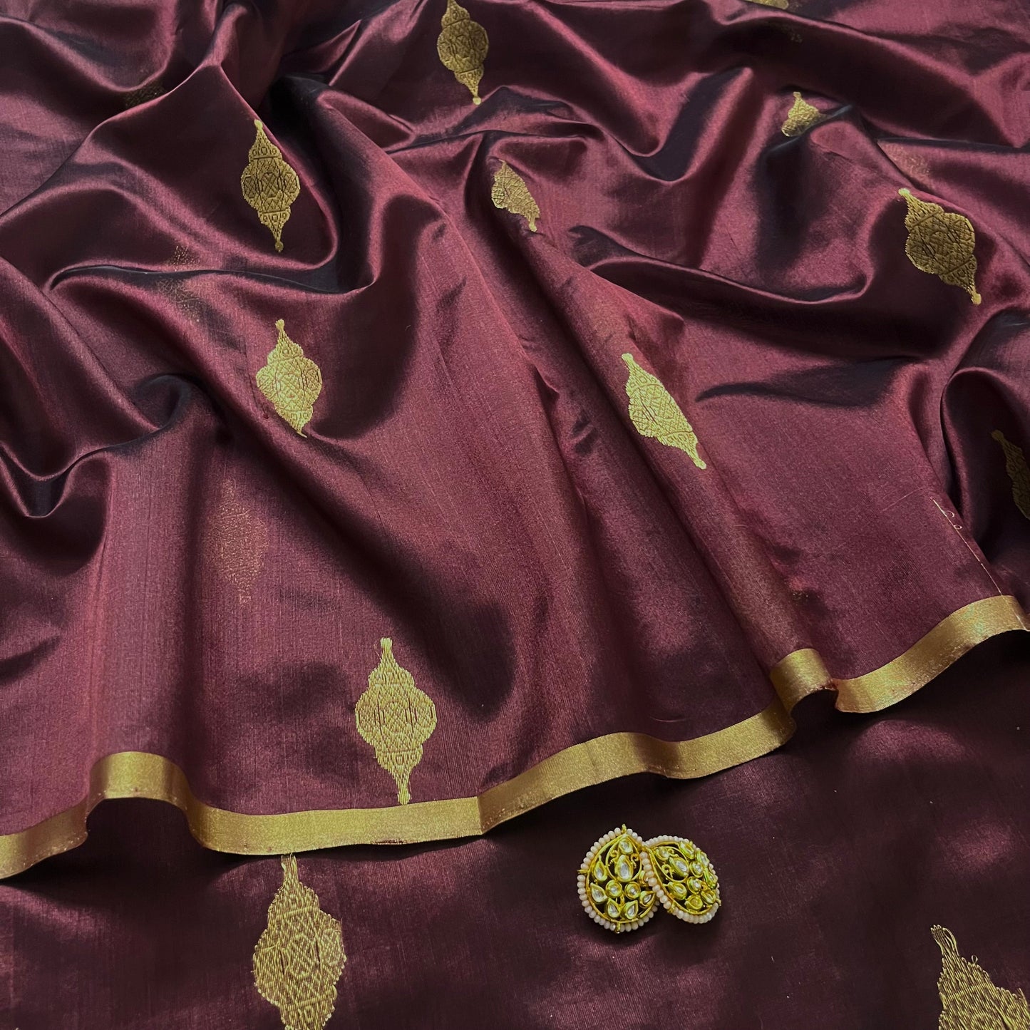 Mahogany chanderi silk saree with jhoomar motifs all over
