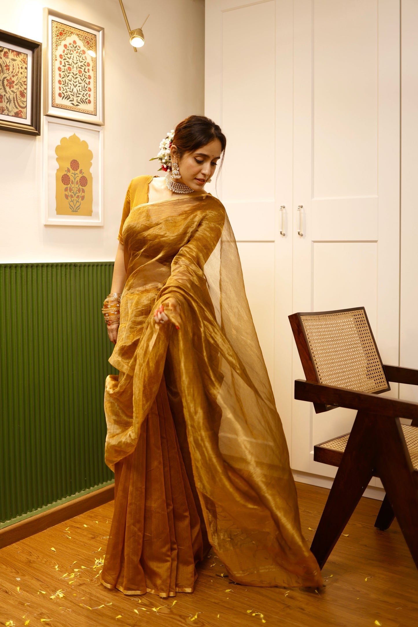 Mustard and gold maheshwari saree with zari border