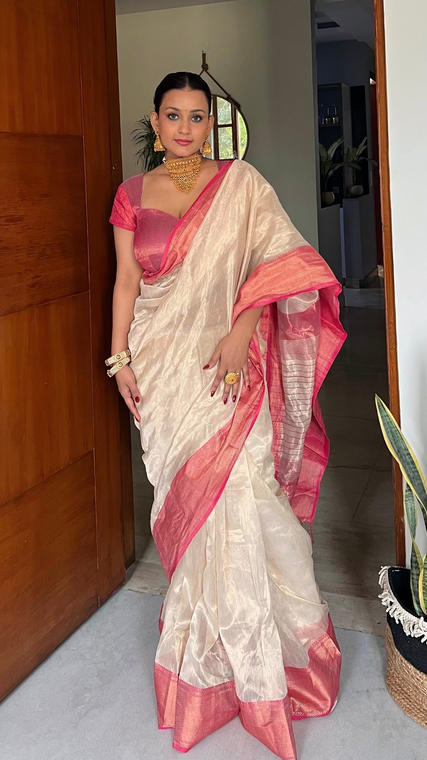 Champagne gold and pink maheshwari tissue silk saree