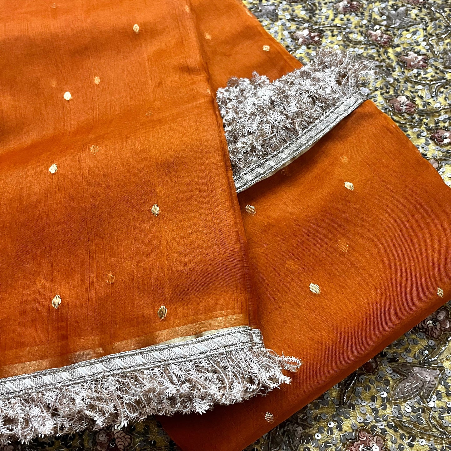 Burnt Orange Chanderi Silk Saree with Zari Bootis all over