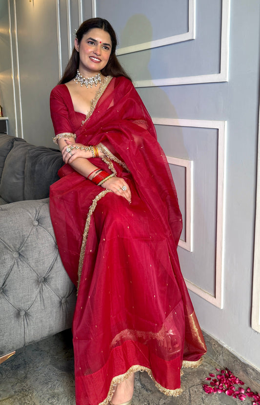 Dark rose chanderi silk saree with zari bootis all over