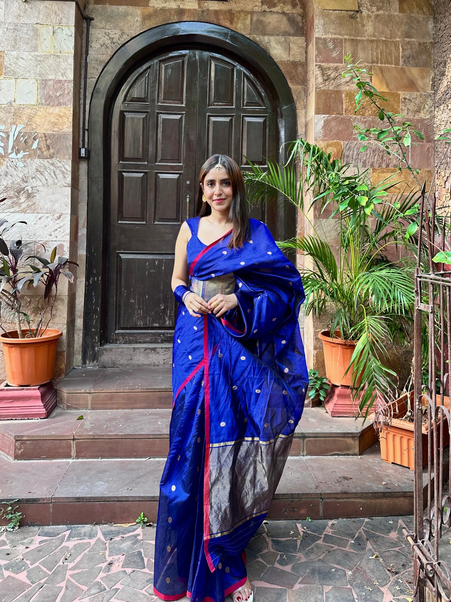 Dark blue Chanderi silk saree with flower bootis all over
