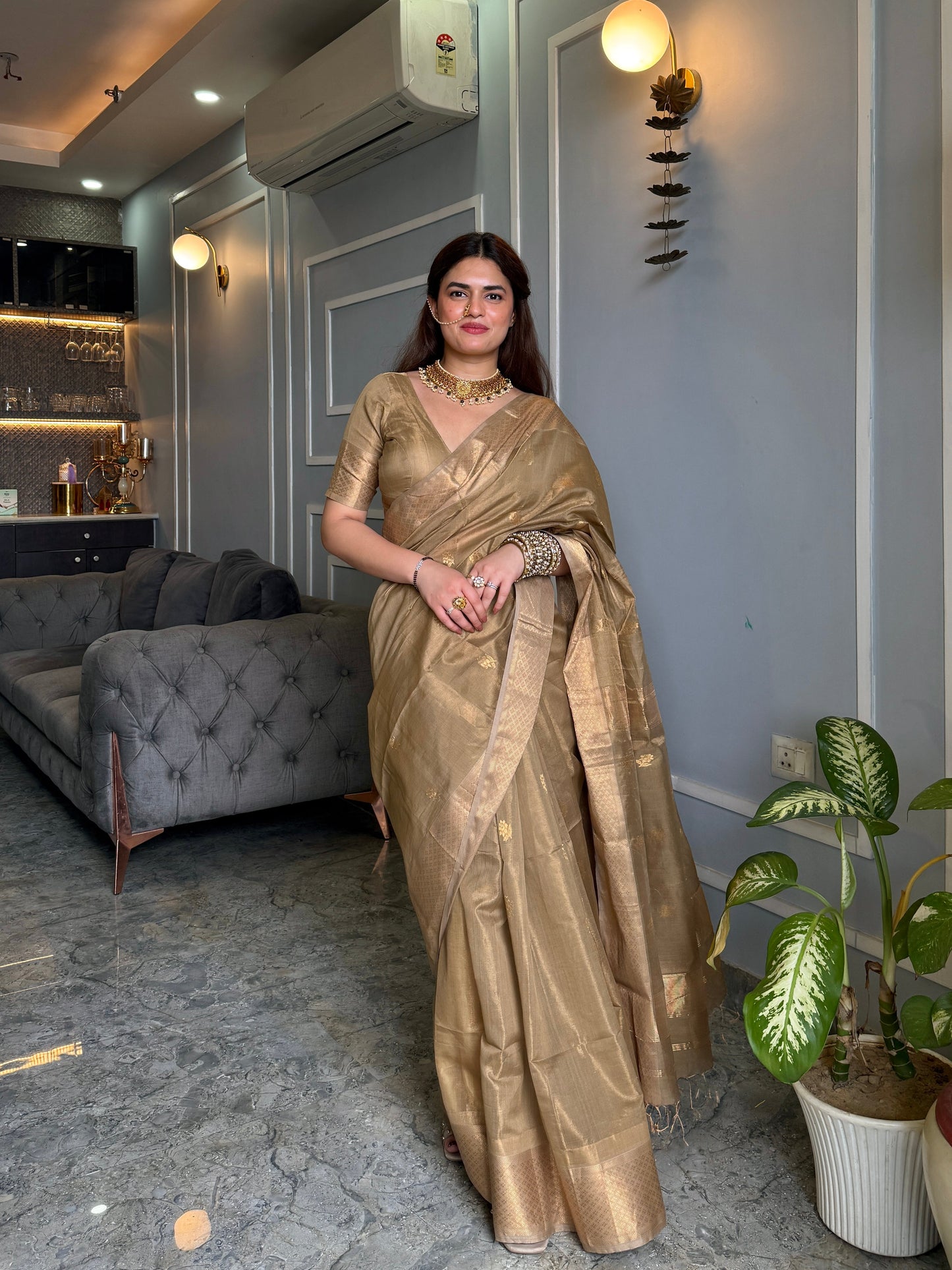 Antique gold maheshwari tissue silk saree with flower motifs all over