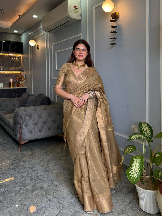 Antique gold maheshwari tissue silk saree with flower motifs all over