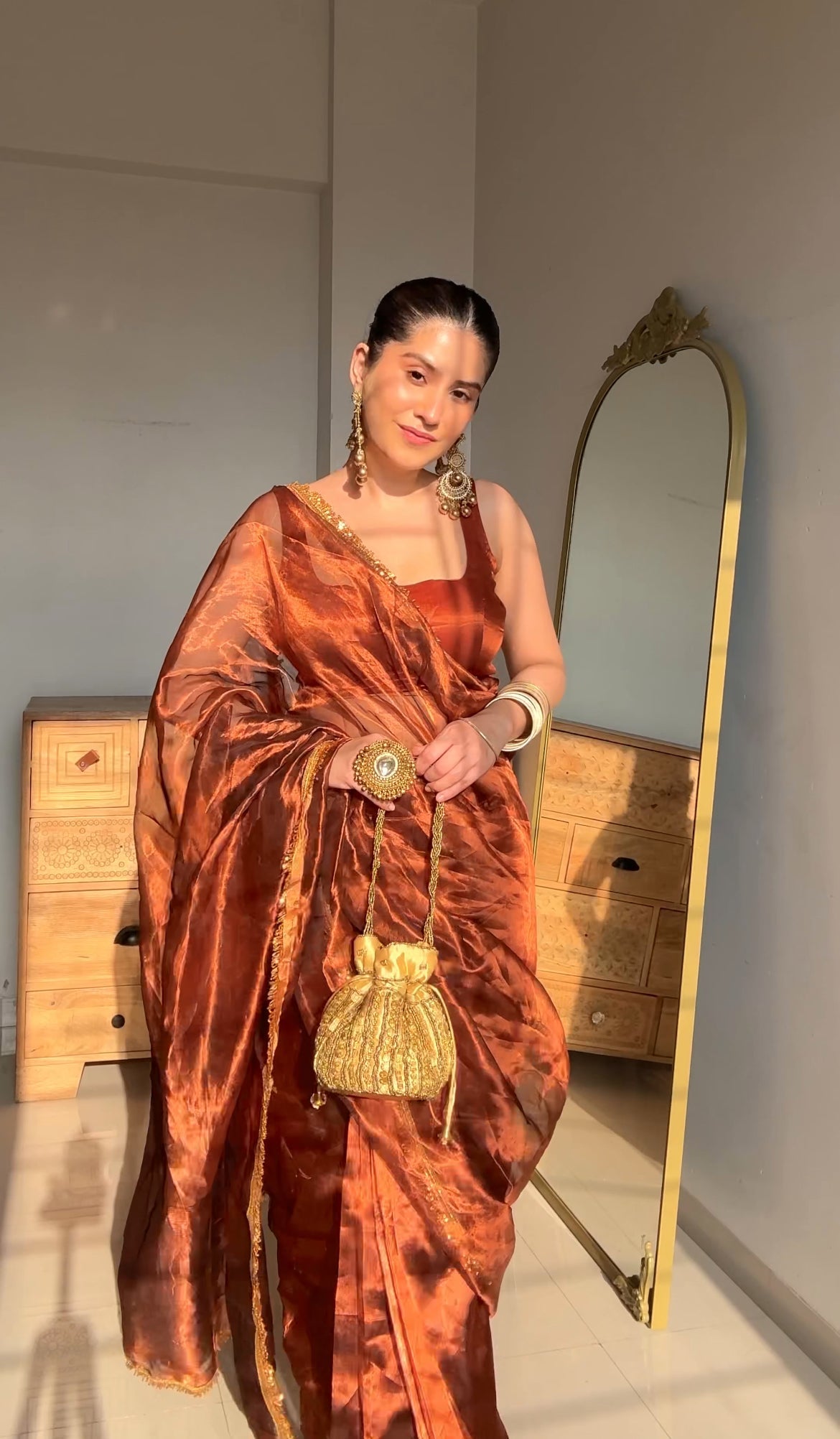 Molten Copper chanderi tissue silk saree with kiran border